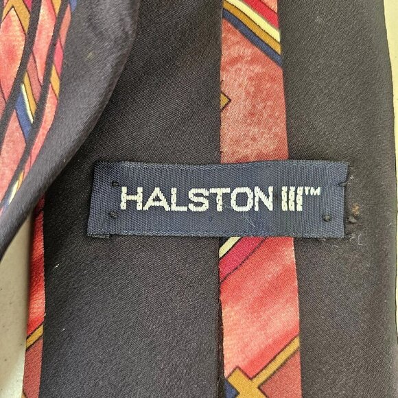 Halston III 60s Mens Tie Italian Silk Rose Black Geometric Design 4 x 57 - Picture 3 of 10